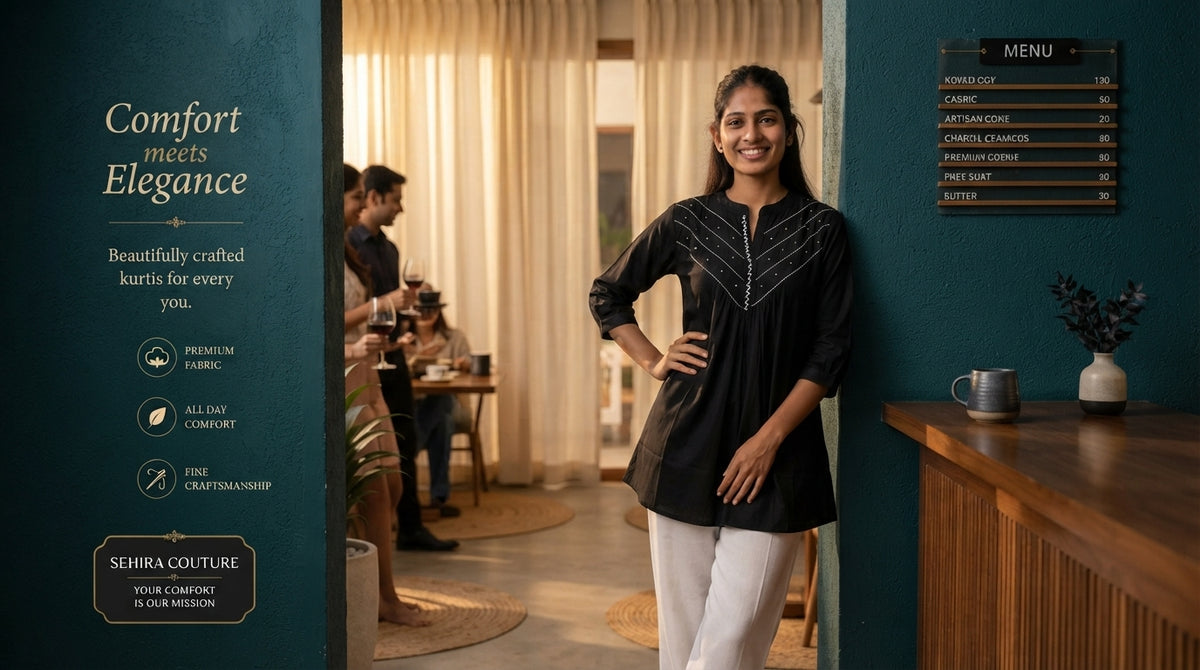 A woman wearing a premium black kurti standing in a modern cafe with deep teal and cream decor.