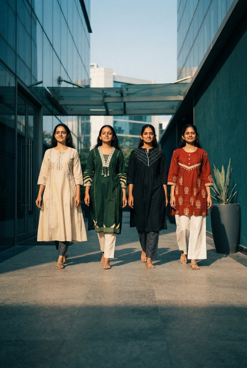 Four diverse women wearing stylish premium kurtis walking confidently through a modern urban setting.