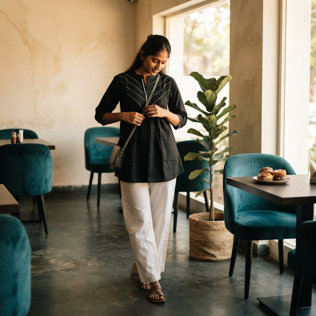 A woman wearing a black kurti in a sunlit cafe, capturing a candid and effortless lifestyle moment.