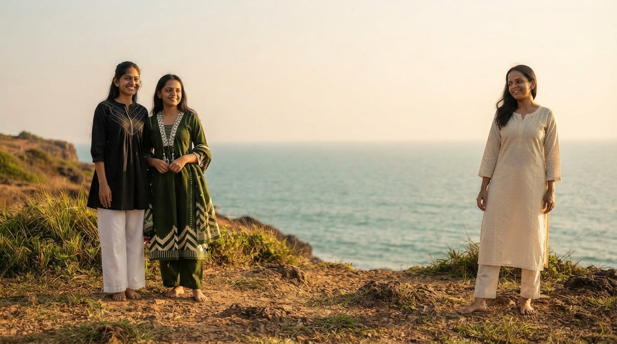 Three women in elegant black, green, and cream kurtis standing on a coastal landscape during golden hour.